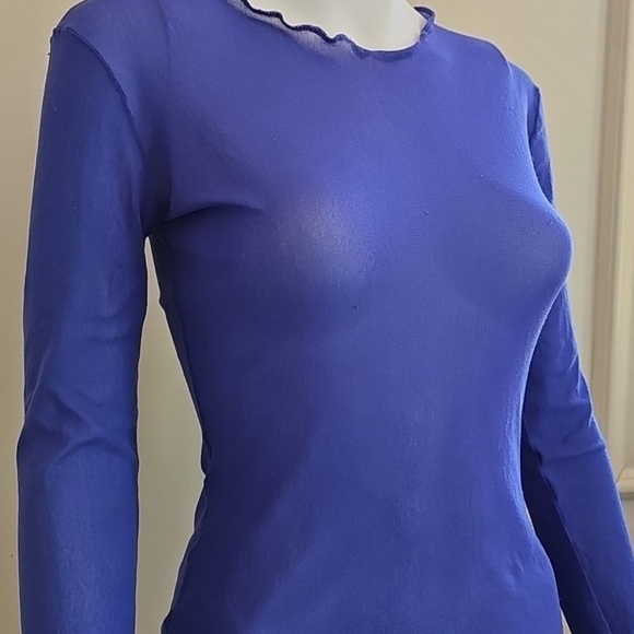 Jean Paul Gaultier Femme Lettuce Edge Top Blue Long Sleeve Sheer Stretch Mesh - Picture 3 of 12
